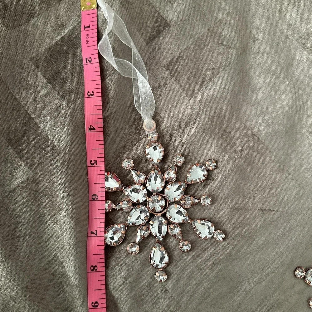 Clear Rhinestone Gem Rose Gold Tone Snowflake Ornaments Set Of 3 Christmas Shiny